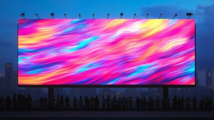 Neon-lit urban billboard showcasing abstract digital art, with diverse crowd viewing in awe, city skyline backdrop, night scene