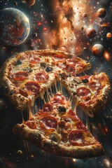 A pepperoni pizza slice floats through a starry space backdrop, cheese stretching out as if reaching for another planet