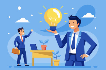 Solution expert solving problem or leader giving advise in meeting discussion, thinking for solution, creativity or professional to help, eureka moment concept, businessman with bright lightbulb.
