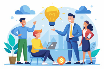 Solution expert solving problem or leader giving advise in meeting discussion, thinking for solution, creativity or professional to help, eureka moment concept, businessman with bright lightbulb.
