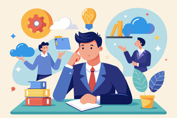 Solution expert solving problem or leader giving advise in meeting discussion, thinking for solution, creativity or professional to help, eureka moment concept, businessman with bright lightbulb.
