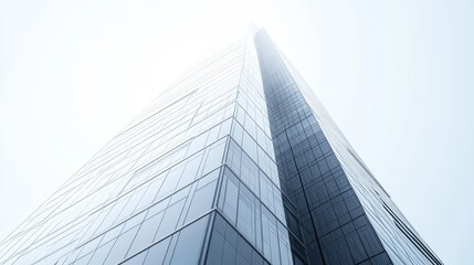Obraz premium A modern skyscraper viewed from below, showcasing sleek glass and steel architecture.