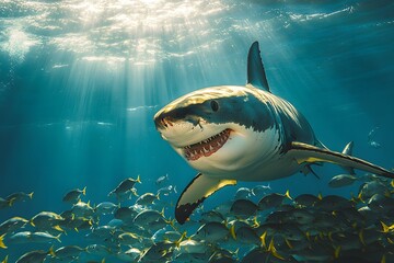 Great White Shark Swimming Alongside a School of Fish