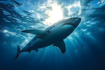 Fototapeta premium Great White Shark Emerging From the Depths of the Ocean