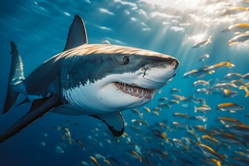 Naklejka premium Great White Shark Swimming Alongside a School of Fish