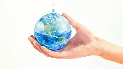 Watercolor illustration depicts a hand holding a globe in the shape of a water droplet against a white backdrop, symbolizing the global significance of water.