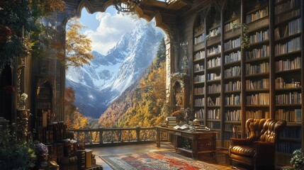 A Cozy Library with Mountain Views