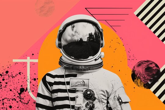 An astronaut in a striped suit stands against a vibrant background featuring abstract shapes and cosmic elements in a creative space-themed design