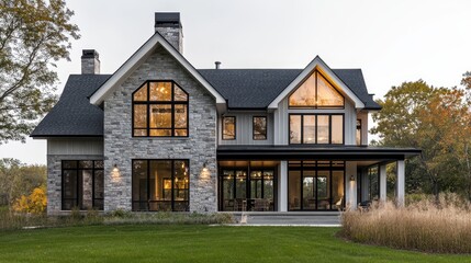 A modern stone house with large windows and a welcoming porch in a natural setting.