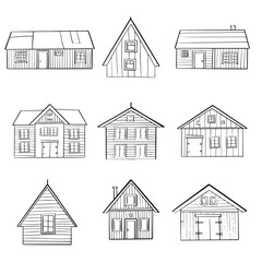 A diverse set of house icons showcasing different architectural styles and structures. Black and white doodle old buildings. Outline monochrome architecture sketch
