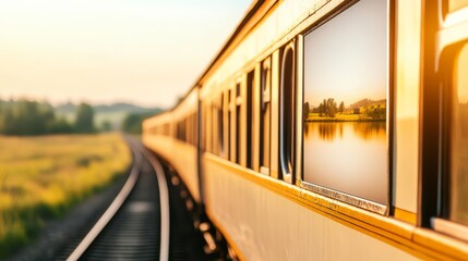Billboard on the side of a vintage train, travel advertisement, scenic countryside in background, timeless journey