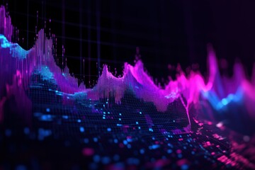 Visual representation of trading data with vibrant blue-purple hues on a sleek black background showcasing market fluctuations and trends in high detail.