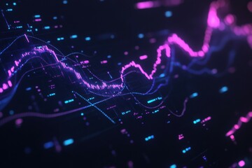 Obraz premium Visual representation of trading data with vibrant blue-purple hues on a sleek black background showcasing market fluctuations and trends in high detail.