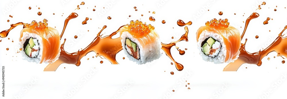 Poster The perfect sushi roll set with a splash of soy sauce.