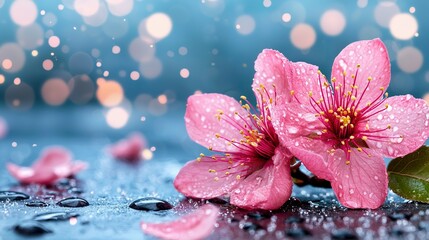   A close-up of a pink flower with water droplets and a blue background featuring raindrop boke