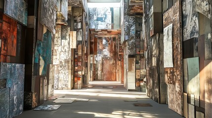 Fototapeta premium Upcycled Art Installation: Transforming Reclaimed Materials into Powerful Artworks Under Sunlit Brilliance