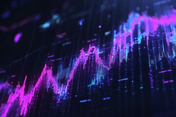 Visual representation of trading data with vibrant blue-purple hues on a sleek black background showcasing market fluctuations and trends in high detail.