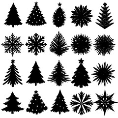 Silhouettes of Christmas trees and snowflakes on white background