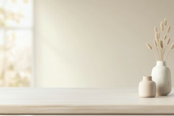A clean, minimalist wooden table holds two ceramic vases and a wooden bowl, creating an inviting atmosphere in a softly blurred interior space