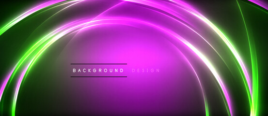 Neon glowing circle rays, light round lines in the dark, planet style neon wave lines. Energetic electric concept design for wallpaper, banner, background