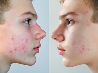 Obraz premium Young girl with skin lesions, acne, blackheads before treatment and after. two photos. in profile