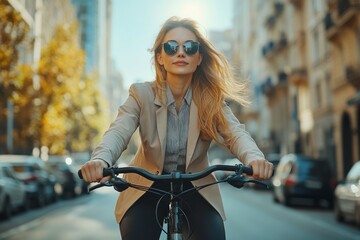 Naklejka premium Modern beautiful and successful businesswoman riding a bicycle to work in the city, business concept photo