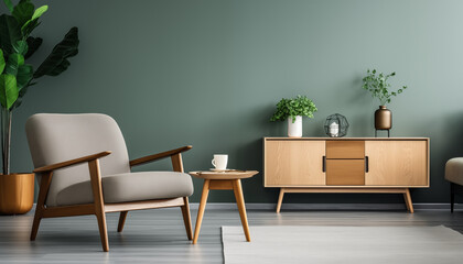 Modern living room with grey armchair wooden side table and green wall