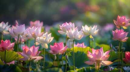 Obraz premium Vibrant Lotus Blooms in White, Pink, and Purple Under Sunlight