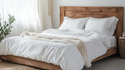 White Bed with Wooden Headboard and a White Blanket