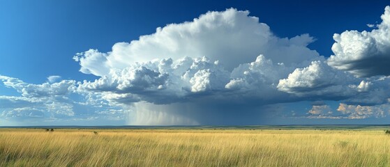 Obraz premium Dramatic Thunderstorm Over Open Grassland with Towering Clouds and Blue Sky
