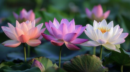 Obraz premium Vibrant Lotus Blooms in Shades of White, Pink, and Purple Under Sunlight