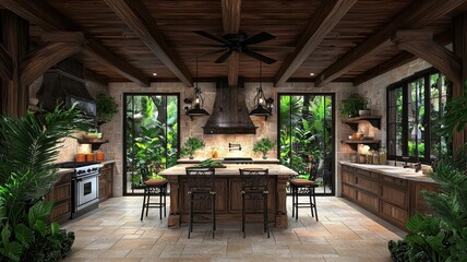 Fototapeta premium Charming rustic kitchen with wooden features, modern appliances, and lush greenery visible through large windows.