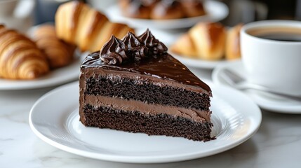 Chocolate cake slice with a glossy ganache topping on a white plate, surrounded by croissants, danishes, and a hot cup of coffee, capturing a perfect dessert spread