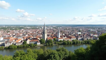 Obraz premium Charming riverside cityscape under a clear sky