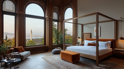 Fototapeta premium Elegant bedroom with a stunning view, featuring a four-poster bed and stylish decor that exudes luxury and comfort.
