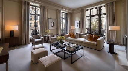 Fototapeta premium Elegant living room with modern furniture, large windows, and sophisticated decor. Perfect space for relaxation and gatherings.