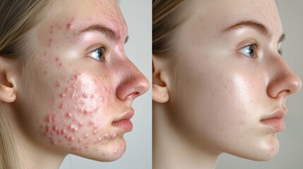 Obraz premium Young girl with skin lesions, acne, blackheads before treatment and after. profile