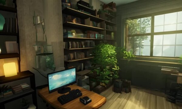 Nostalgic Isometric Bedroom with Gaming PC, Plants, and Bookshelves - 3D Concept Art