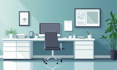 A modern medical consultation room with a desk equipped for patient visits featuring a computer, stethoscope, and organized supplies in professional, cool-toned colors.