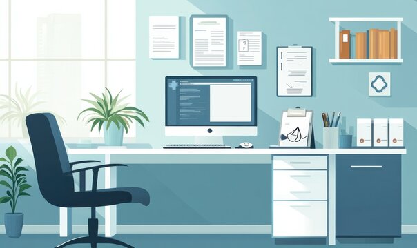 A modern medical consultation room with a desk equipped for patient visits featuring a computer, stethoscope, and organized supplies in professional, cool-toned colors.