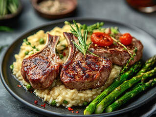 Gourmet Close Up of Tender Lamb Cutlet with Pacia and Asparagus Risotto, Served on a Plate - Elegant Fine Dining Experience
