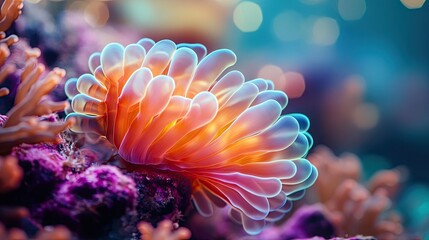 Close-up of a vibrant bubble anemone with its bulbous, translucent tentacles gently swaying on a tropical coral reef, against a backdrop of colorful corals