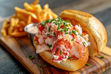 Delicious lobster roll served with crispy fries on a wooden board, garnished with fresh chives. Perfect seafood meal presentation.