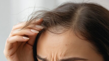 Fototapeta premium Close-up of a woman holding strands of hair, looking down with concern, hair loss concept, focus on her hand and the loose hair, emphasizing thinning hair