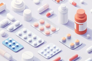 Illustration of assorted medications including blister packs, tablets, and bottles arranged on a minimalist white surface in soft pastel colors.