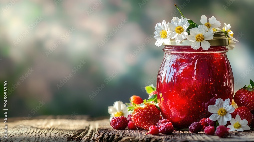 Wall mural A vibrant glass jar filled with fresh strawberry jam, accompanied by a scattering of summer flowers and ripe berries