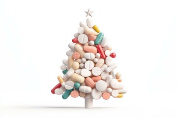A whimsical holiday scene featuring a Christmas tree created from colorful medical pills, showcasing creativity and festive spirit during the Christmas season.