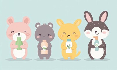 Naklejka premium Cute animals holding eco-friendly products in pastel shades while promoting sustainability in a cheerful setting.