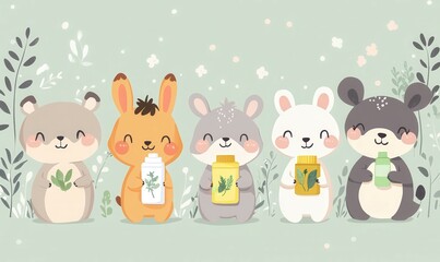 Naklejka premium Cute animals holding eco-friendly products in pastel shades while promoting sustainability in a cheerful setting.
