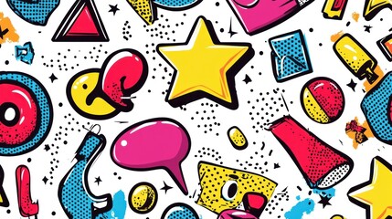 A colorful and abstract background with various shapes and symbols